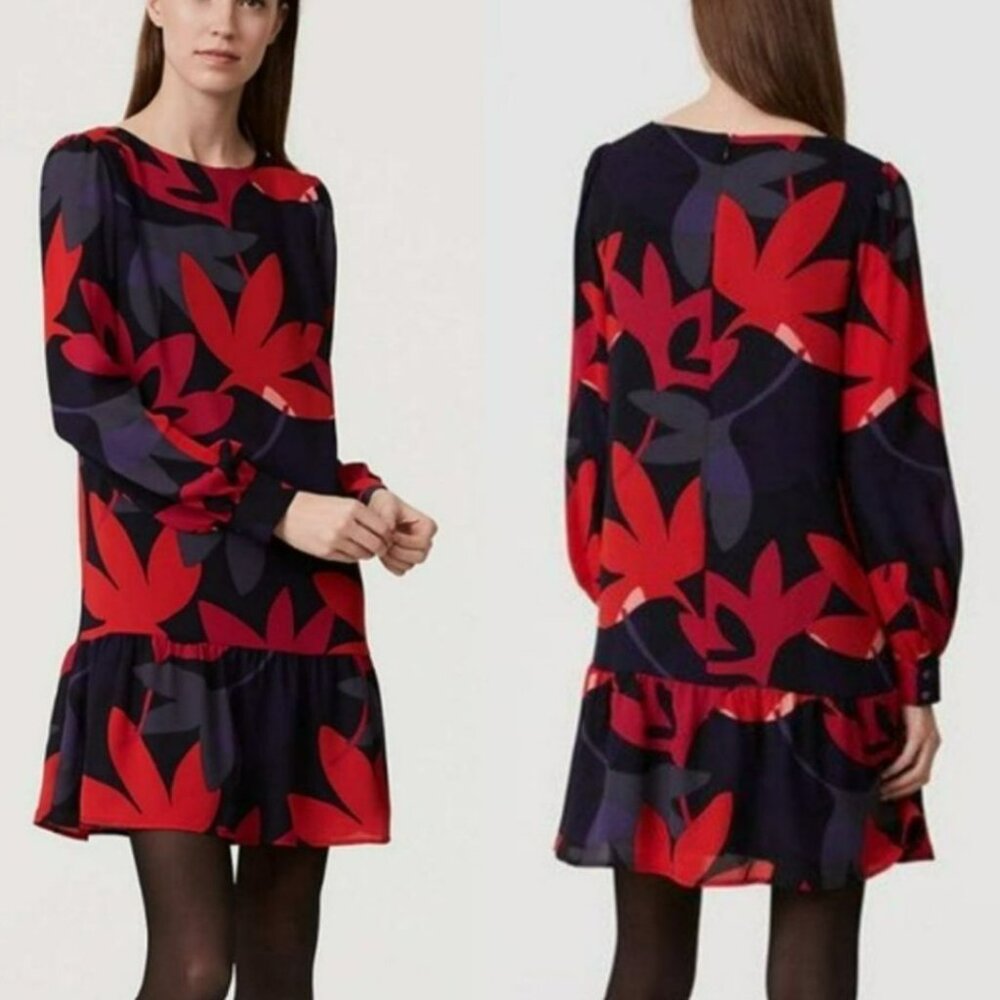 LOFT - Long SLeeve Bold Floral Drop Hem Dress - Size Small Petite